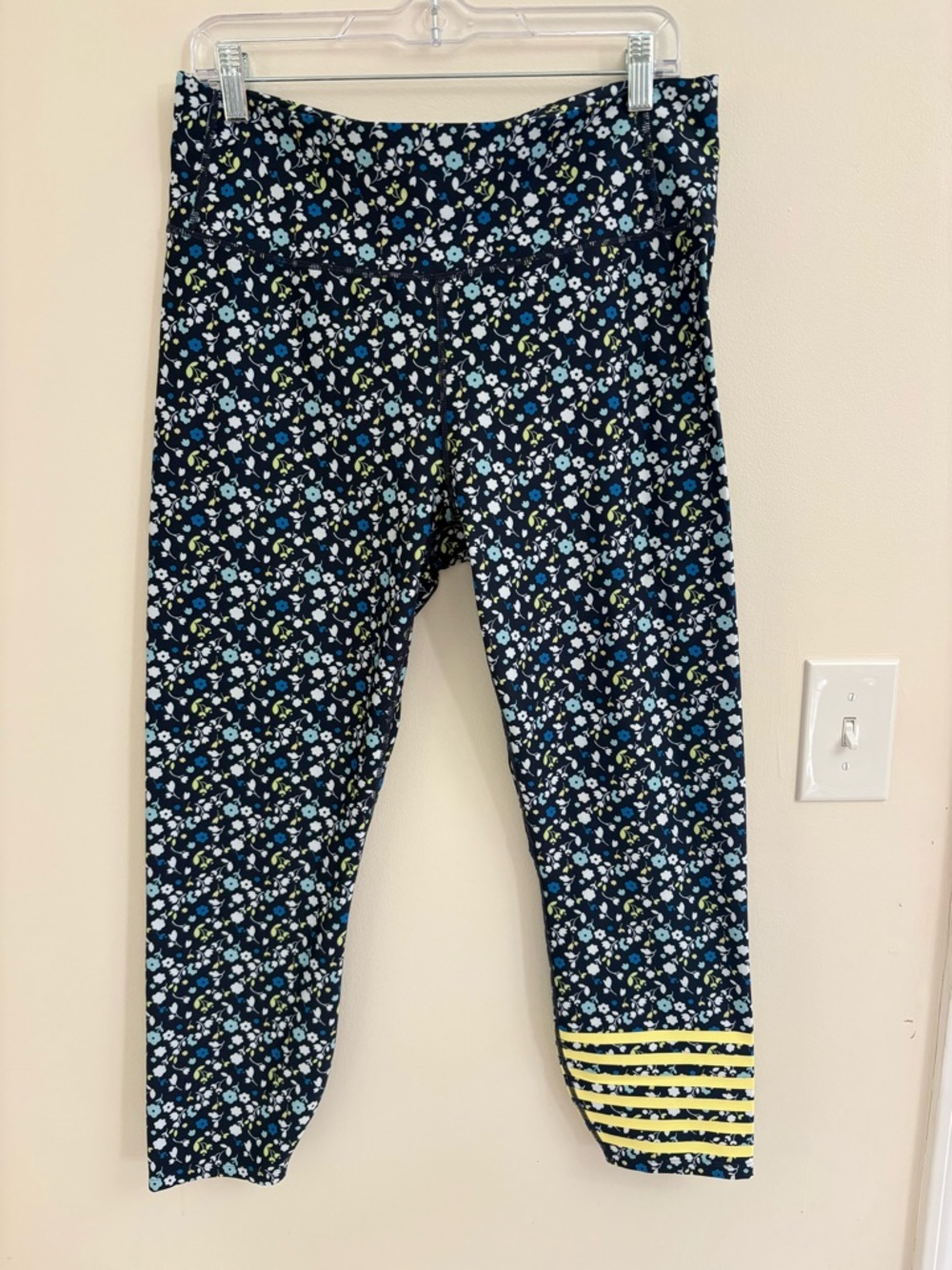 Addison Bay Navy Floral Leggings with Yellow Stripe Trim